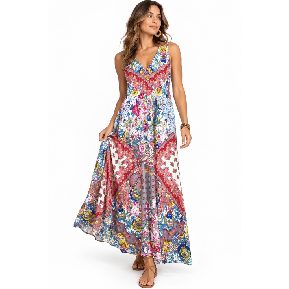 Johnny Was Paisley Floral Patchwork V-Neck Sleeveless Maxi Dress Womens Size XL